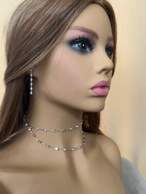 Silver Crystal Double-Layer Choker Necklace and Drop Earrings Set - Pink Accent
